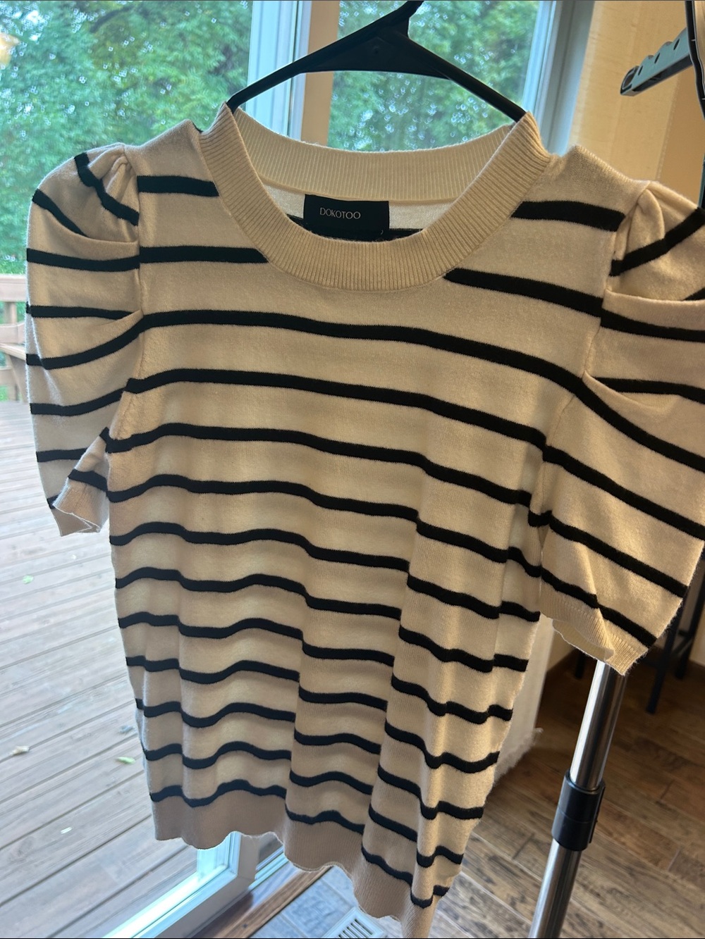 DKOTOO Cream and Black Striped Puff-Sleeve Short Sleeve Top